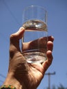 Hand holding a glass of water against a blue sky Royalty Free Stock Photo