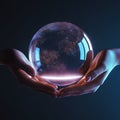 Hand holding a globe. Crystal sphere with hands. Royalty Free Stock Photo