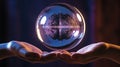 Hand holding a globe. Crystal sphere with hands. Royalty Free Stock Photo