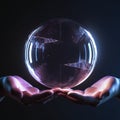 Hand holding a globe. Crystal sphere with hands. Royalty Free Stock Photo