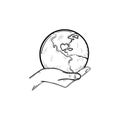 Hand holding the globe hand drawn sketch icon. Royalty Free Stock Photo