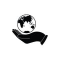 Hand holding Globe earth - black vector icon. Care of planet icon Royalty Free Stock Photo