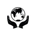 Hand holding Globe earth - black vector icon. Care of planet icon Royalty Free Stock Photo