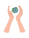 Hand holding Globe earth on white background. Vector eco design for social poster, banner or card on the theme of saving the world Royalty Free Stock Photo