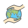 Hand holding the globe hand drawn doodle icon. Ecology care and eco friendly concept. Royalty Free Stock Photo