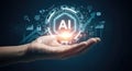 Hand holding glowing AI icon with digital interface elements Royalty Free Stock Photo