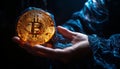 Hand holding glowing Bitcoin in dark environment