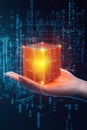A hand holding a glowing blockchain cube, surrounded by digital codes, high-tech, vibrant colors, 3D illustration