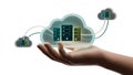 : A hand holding a glowing cloud computing network with servers and data connections, symbolizing modern technology. Royalty Free Stock Photo