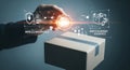 Hand holding glowing digital padlock overlaying a cardboard shipping box with futuristic logistics interface elements Royalty Free Stock Photo