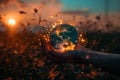 Hand holding glowing Earth planet with light particles in field at sunset. Earth Day wallpaper Royalty Free Stock Photo