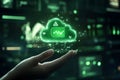 Hand holding glowing green cloud computing symbol Royalty Free Stock Photo