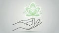 Hand holding a glowing green lotus flower with binary code symbolizing digital nature and technology Royalty Free Stock Photo