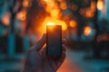 Hand holding a glowing lithium-ion battery at sunset, symbolizing energy and power Royalty Free Stock Photo