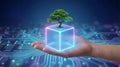 Sustainable Technology Concept with Tree in Neon Cube Royalty Free Stock Photo
