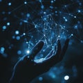 Hand holding glowing plexus mesh in cyberspace representing global network connection