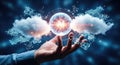 Hand holding glowing sphere with cloud computing and data connections Royalty Free Stock Photo