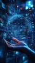 hand holding glowing virtual globe surrounded by futuristic digital data interfaces