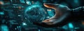 hand holding glowing virtual globe surrounded by futuristic digital interface elements