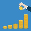 Hand holding gold coin icon. Dollar sign symbol. Diagram shape stacks. Cash money. Going up graph. Income and profits. Growing Royalty Free Stock Photo