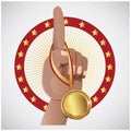 Hand holding gold medal. Vector illustration decorative background design Royalty Free Stock Photo