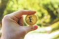 Hand holding a golden bitcoin , blurred background of wood ,forest , park. concept of modern exchange value, new electronic money