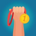 Hand holding golden medal champion prize winner reward Royalty Free Stock Photo