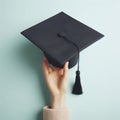 Hand holding graduate cap solid color pastel background. ai generative