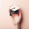 Hand holding graduate cap solid color pastel background. ai generative