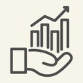 Hand holding graph line icon. Growth chart in palm vector illustration isolated on white. Management outline style