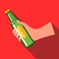 Hand holding a green beer bottle icon, flat style