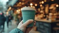 a hand holding a green disposable coffee cup in a cafeteria