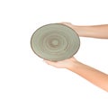 Hand holding green empty plate isolated on white background. perspective view, isolated on white background