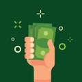 Hand holding green money flat illustration. Bundle of money in male hand. Income, finance, profit, salary concept. Green