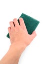 Hand holding green scrubber