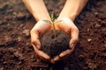 Hand holding ground with sprout, concept of saving the earth. Forest conservation and tree planting concept. Generative AI Royalty Free Stock Photo