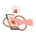 Hand holding hacked smartphone vector flat illustration. Hacker attack, phishing, stealing personal information.