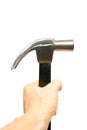 Hand holding a hammer with wooden handle on a white background. Royalty Free Stock Photo