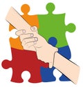 Hand holding hand on the background of colored puzzles. autism symbol. World Autism Day. vector illustration.