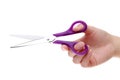 Hand holding handled scissors