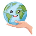 Hand holding happy cartoon earth planet for earth day, national pollution prevention day, world environment day. Concept of