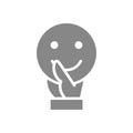 Hand holding happy emoji gray icon. Share a good mood symbol