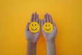 Hand holding happy smile face and sad paper cut, Positive thinking, Mental health assessment , World mental health day concept. A Royalty Free Stock Photo