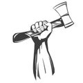 Hand holding a hatchet, tools icon cartoon hand drawn vector illustration sketch