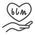 Hand holding heart with BLM text line icon, Black lives matter concept, BLM heart in hand sign on white background