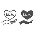 Hand holding heart with BLM text line and solid icon, Black lives matter concept, BLM heart in hand sign on white