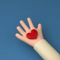 Hand holding a heart. High angle of a cartoon palm with red heart, 3d render, 3d illustration