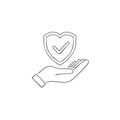 Hand holding heart-shaped shield with checkmark for protection and security line art Royalty Free Stock Photo