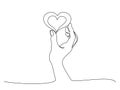 Hand holding heart sign. Continuous one line art