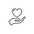 Hand holding heart, trust line icon, outline vector sign, linear style pictogram isolated on white. Royalty Free Stock Photo